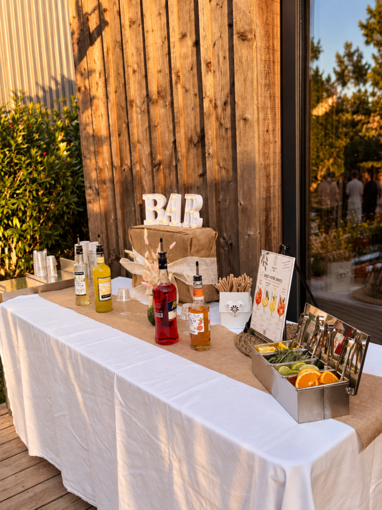 Bar à spritz rustique au coucher du soleil